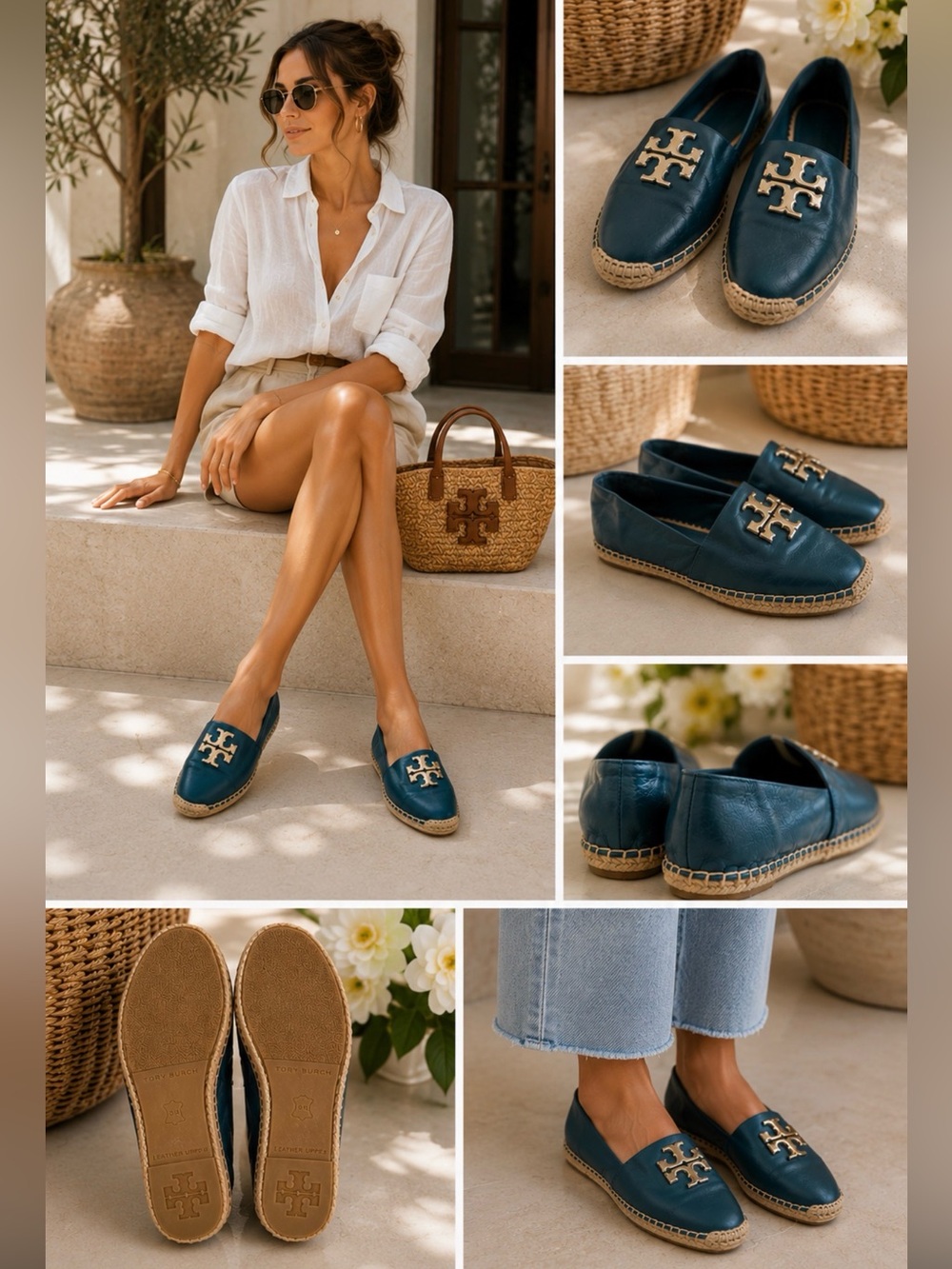 Tory Burch Eleanor Brisk Blue Leather Espadrille Loafers Flats Gold Logo Women 9